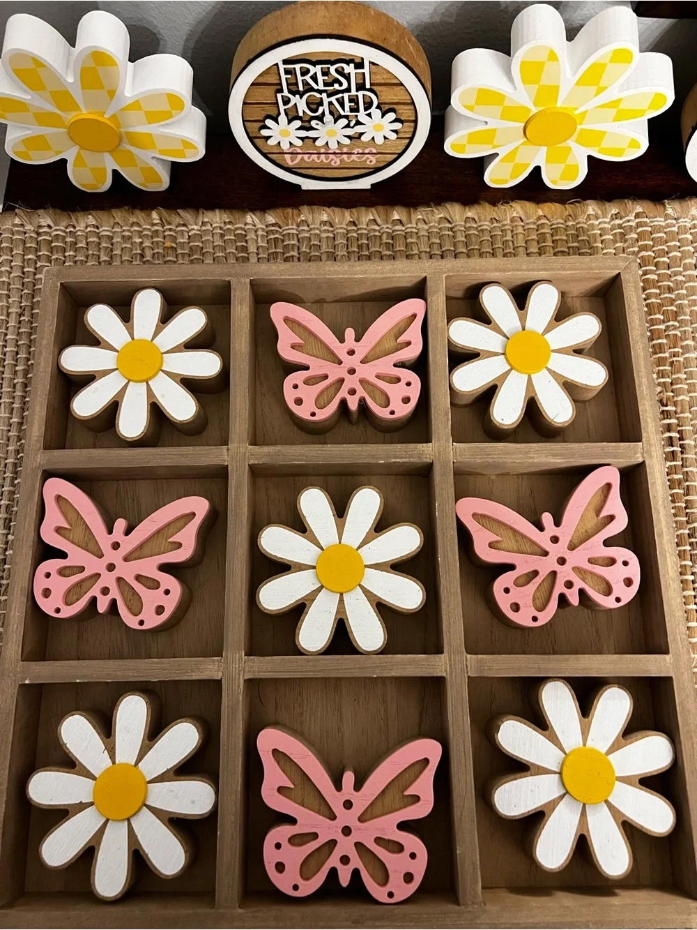 Pink Butterfly & White Daisy Wooden Tic-Tac-Toe Game